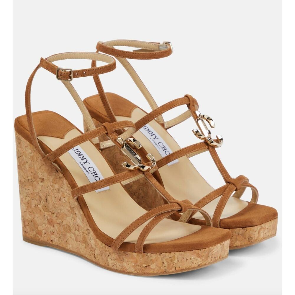 Jimmy Choo Suede Platform Wedge Sandals Leather Shoes Size 40.5 NEW Women $750